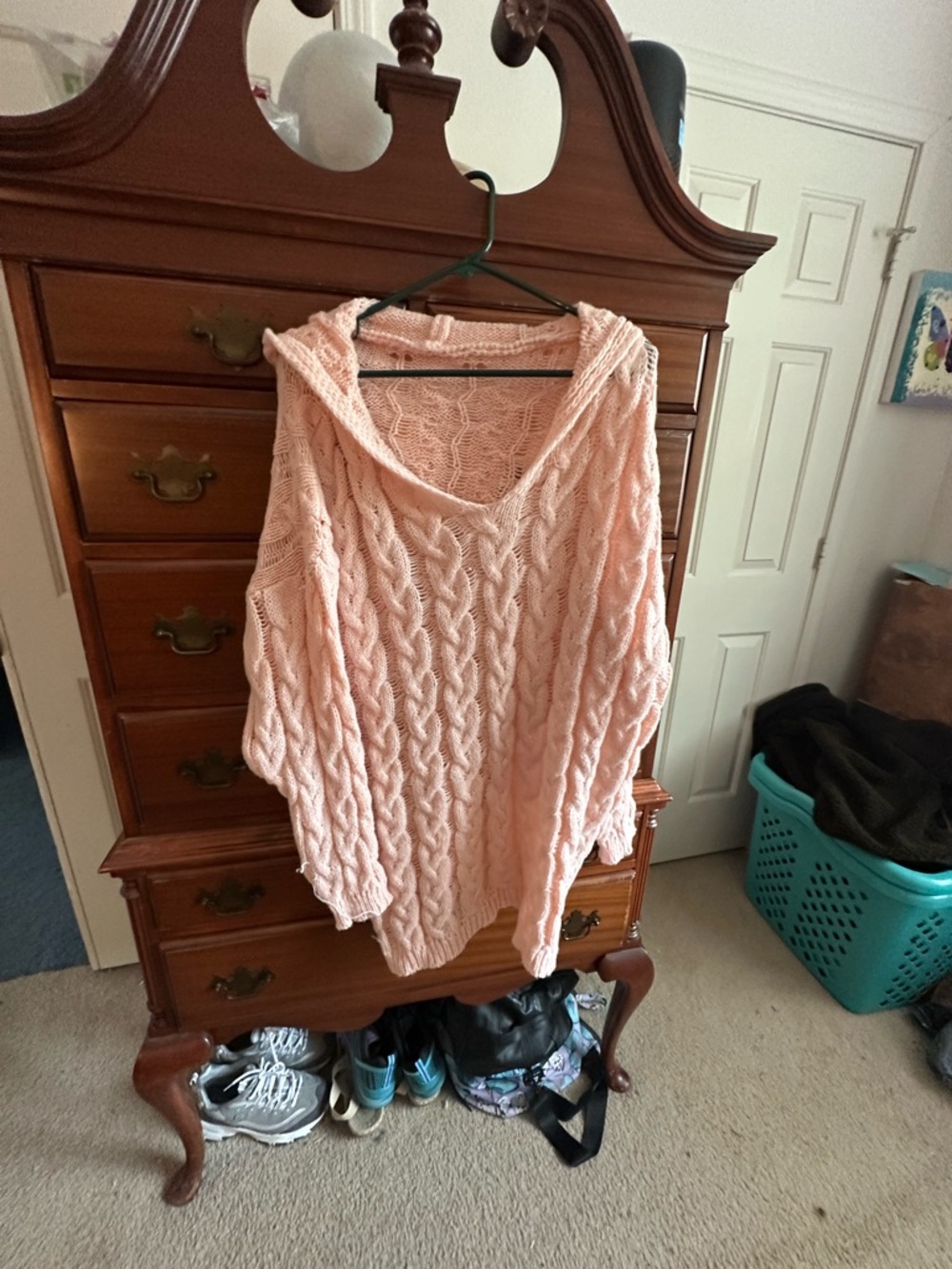 Women's Cable Knit Hooded Sweater - Soft Peach